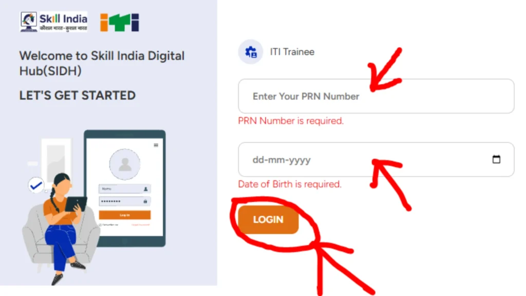 "NCVT ITI Hall Ticket 2026 age showing required field to enter your PRN no. and Date of Birth.