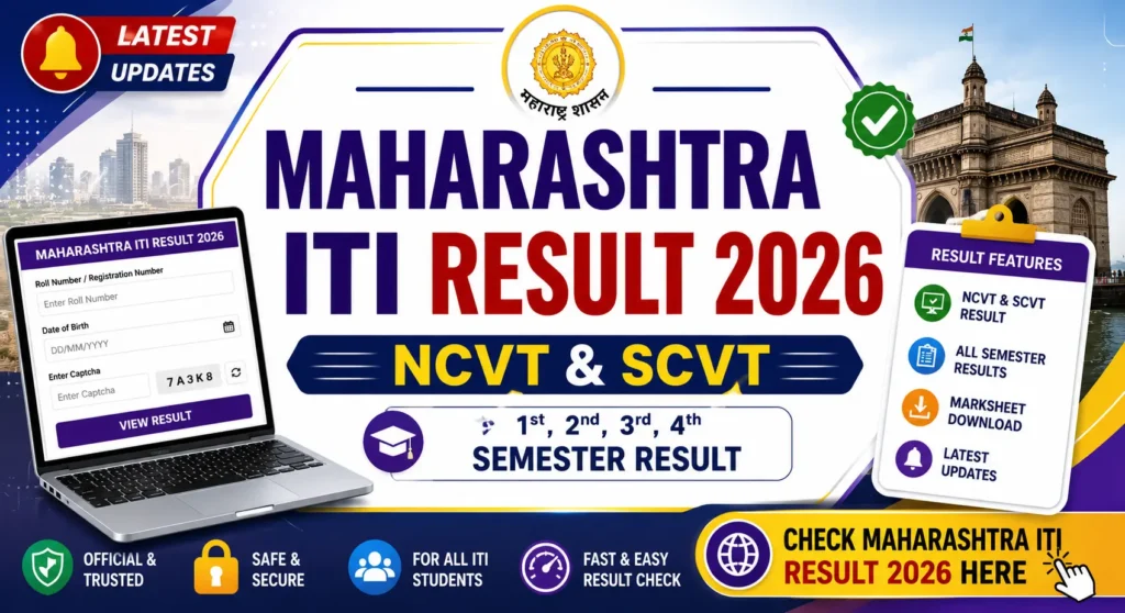Maharashtra ITI Result 2026 thumbnail for NCVT & SCVT 1st, 2nd, 3rd, 4th Semester Result check