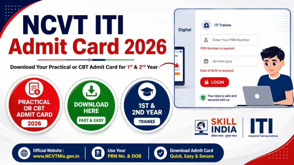 NCVT ITI Admit Card 2026 for Practical or CBT exam – Download for 1st and 2nd year using PRN number and date of birth from  skillindiadigital.gov.in"
